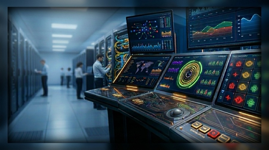 Managed web hosting infrastructure dashboard showing secure cloud servers, website monitoring, and enterprise hosting operations